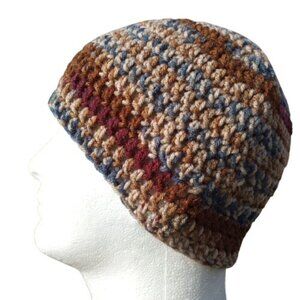 Men's Head Hugger Beanie Hat Handmade Sierra Stripes Crochet Hiking Outdoors L